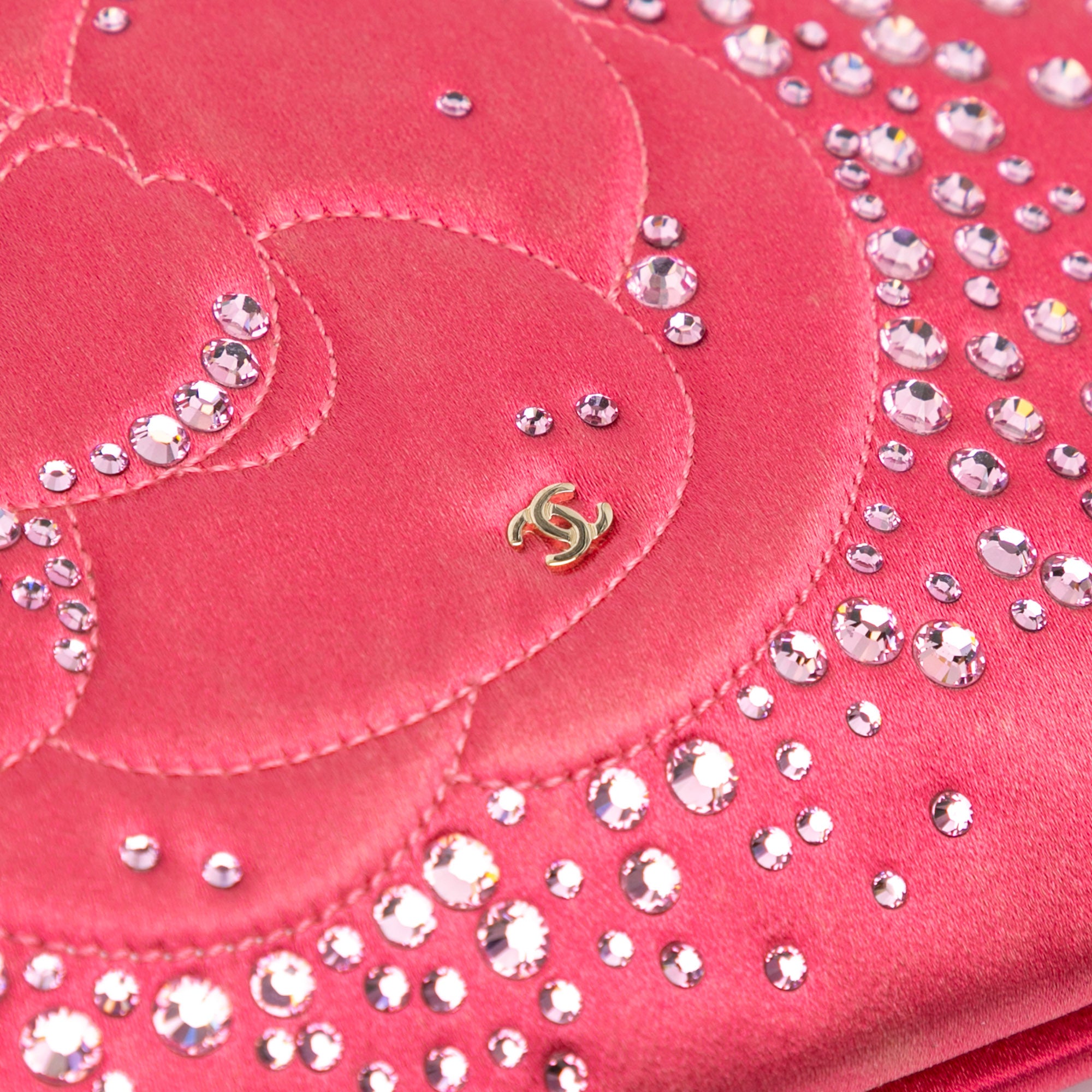 Chanel | Pre-Owned Satin Diamante Camellia Clutch with Chain | Pink/Dark Pink