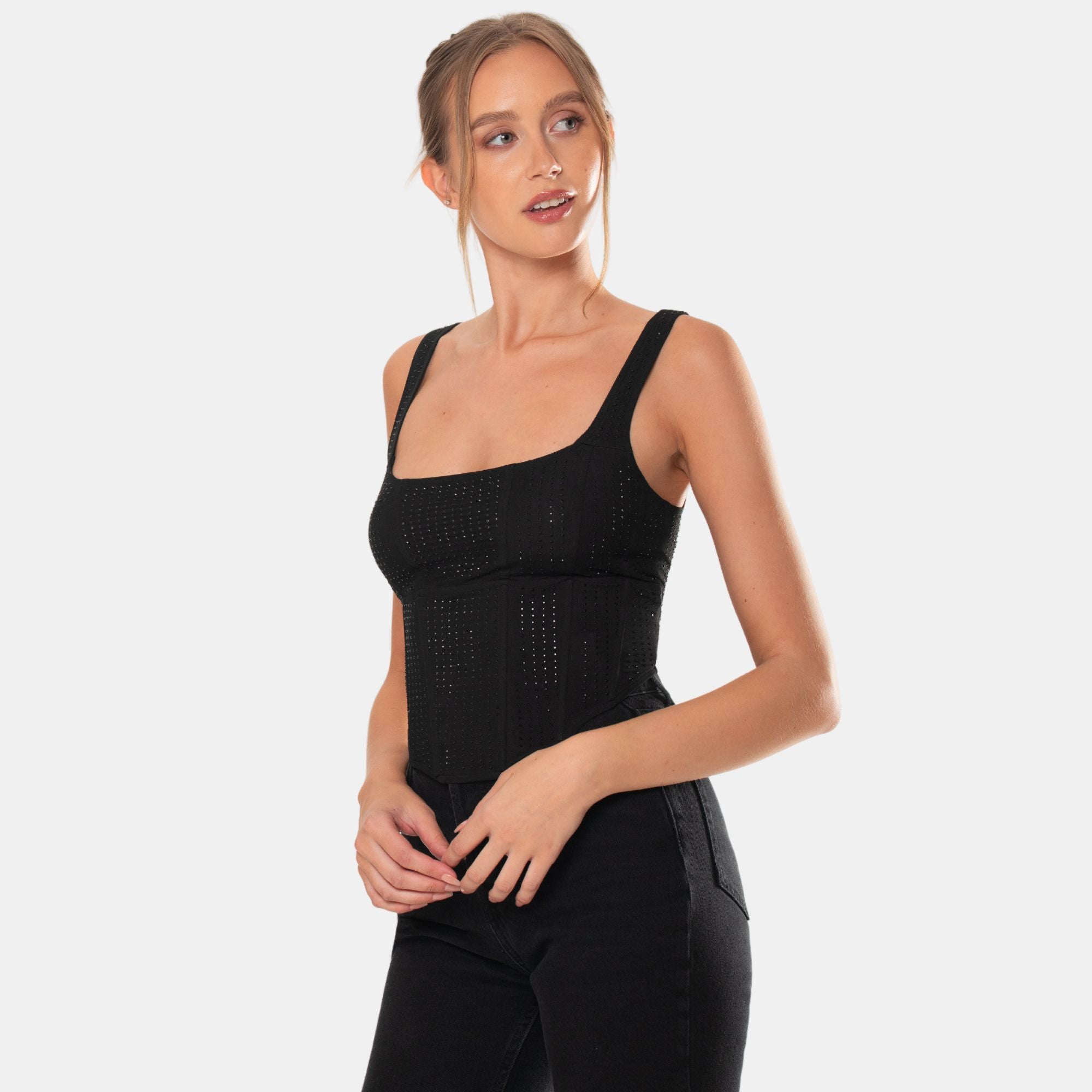 OW Collection ANDIE Rhinestone Corset Top Top 002 - Black Caviar