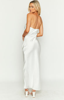 Rear-side view of a white strapless satin maxi dress with subtle side ruching
