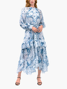 Swan Print Chiffon Belted  Maxi Dress | Blue