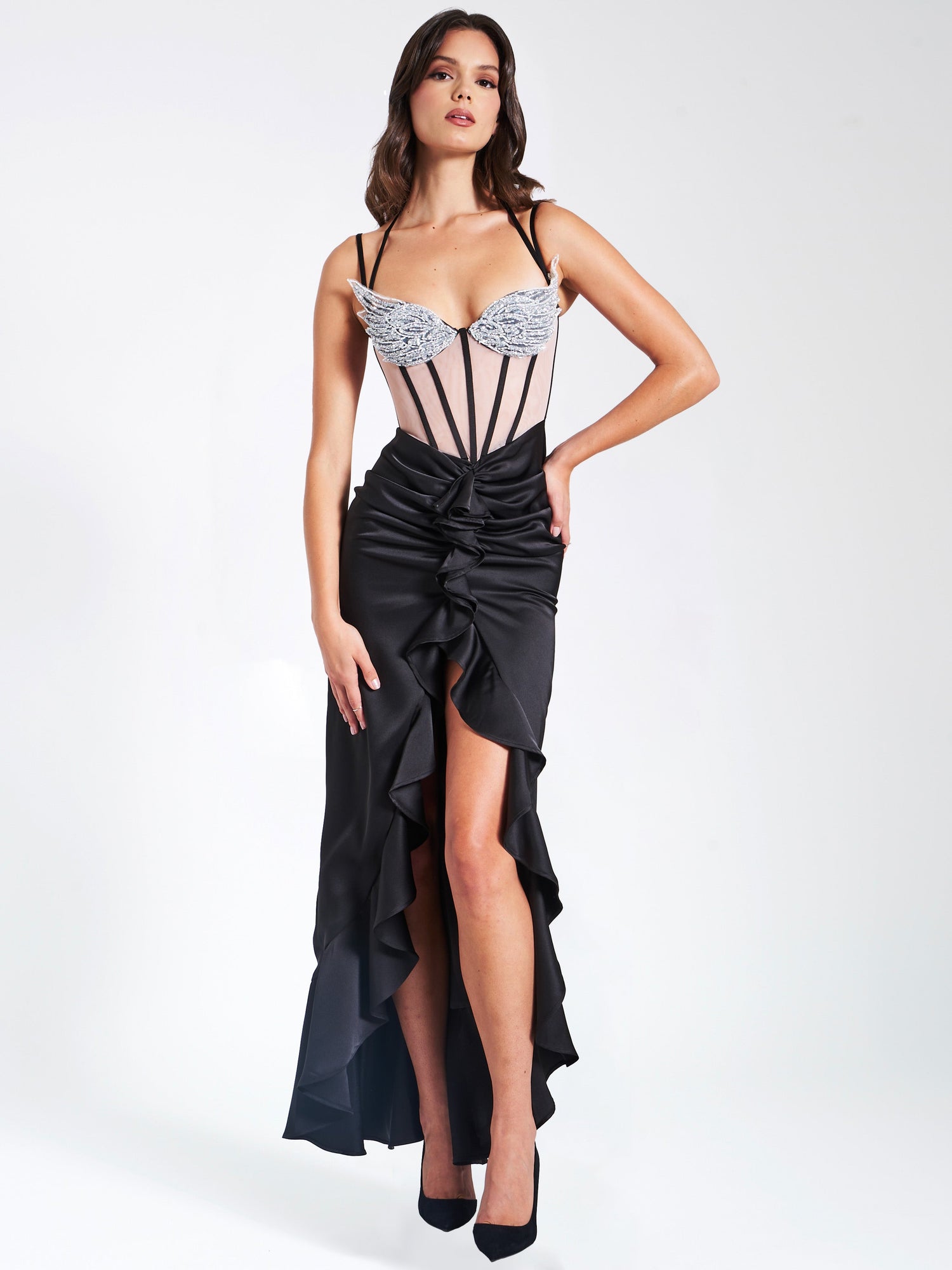 Rafaela Satin Corset Sequin Wing Cup Dress | Black