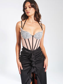 Rafaela Satin Corset Sequin Wing Cup Dress | Black