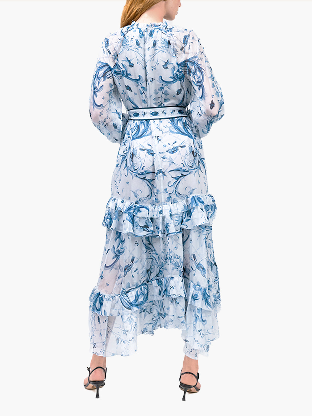 Swan Print Chiffon Belted  Maxi Dress | Blue