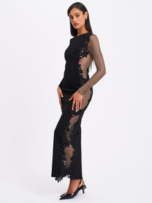 Bailey Lace Trim Crystal Net Cutout Long Sleeve Gown | Black