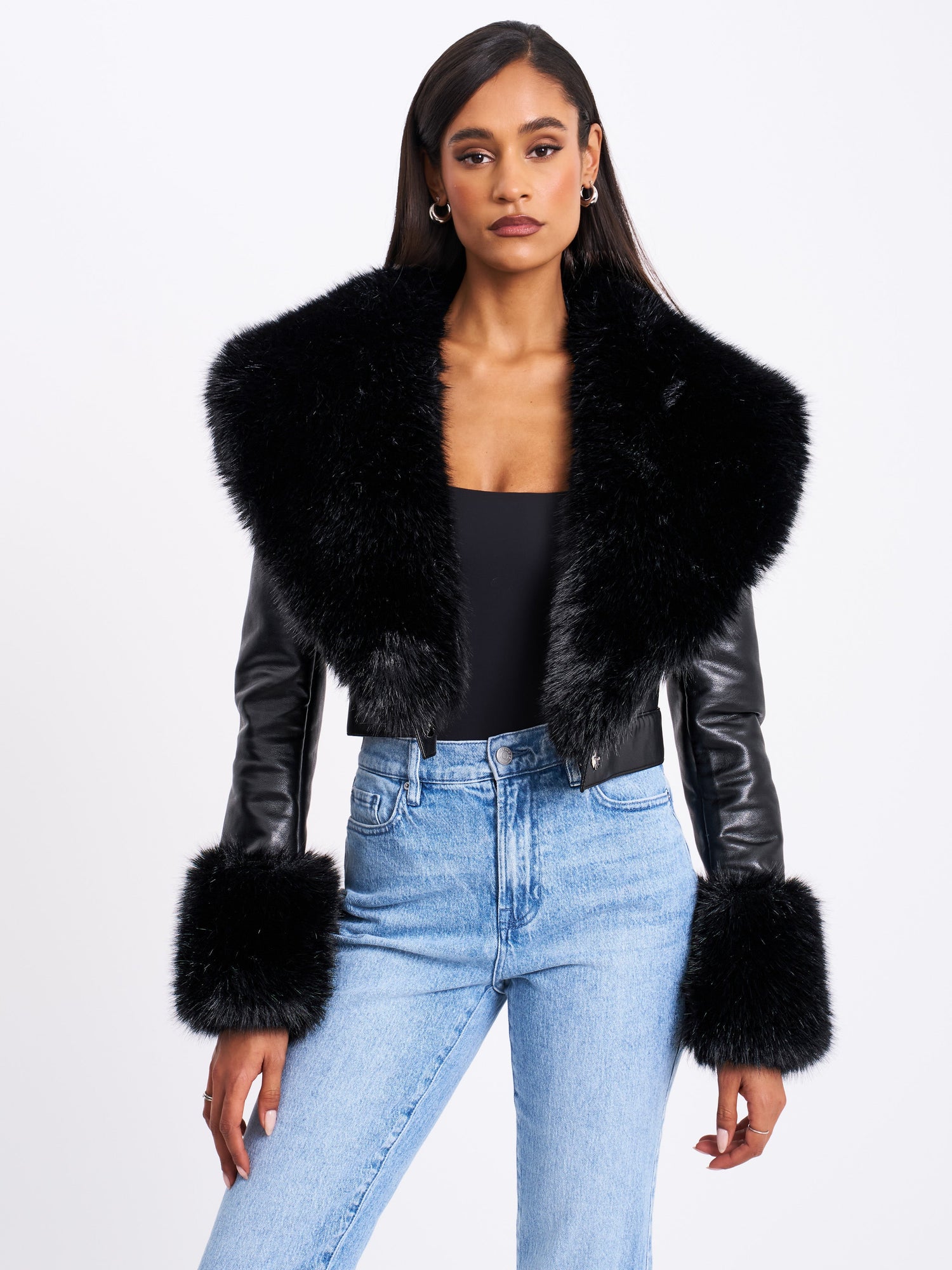 Ziah Cropped Leather Jacket with Fur Collar | Black