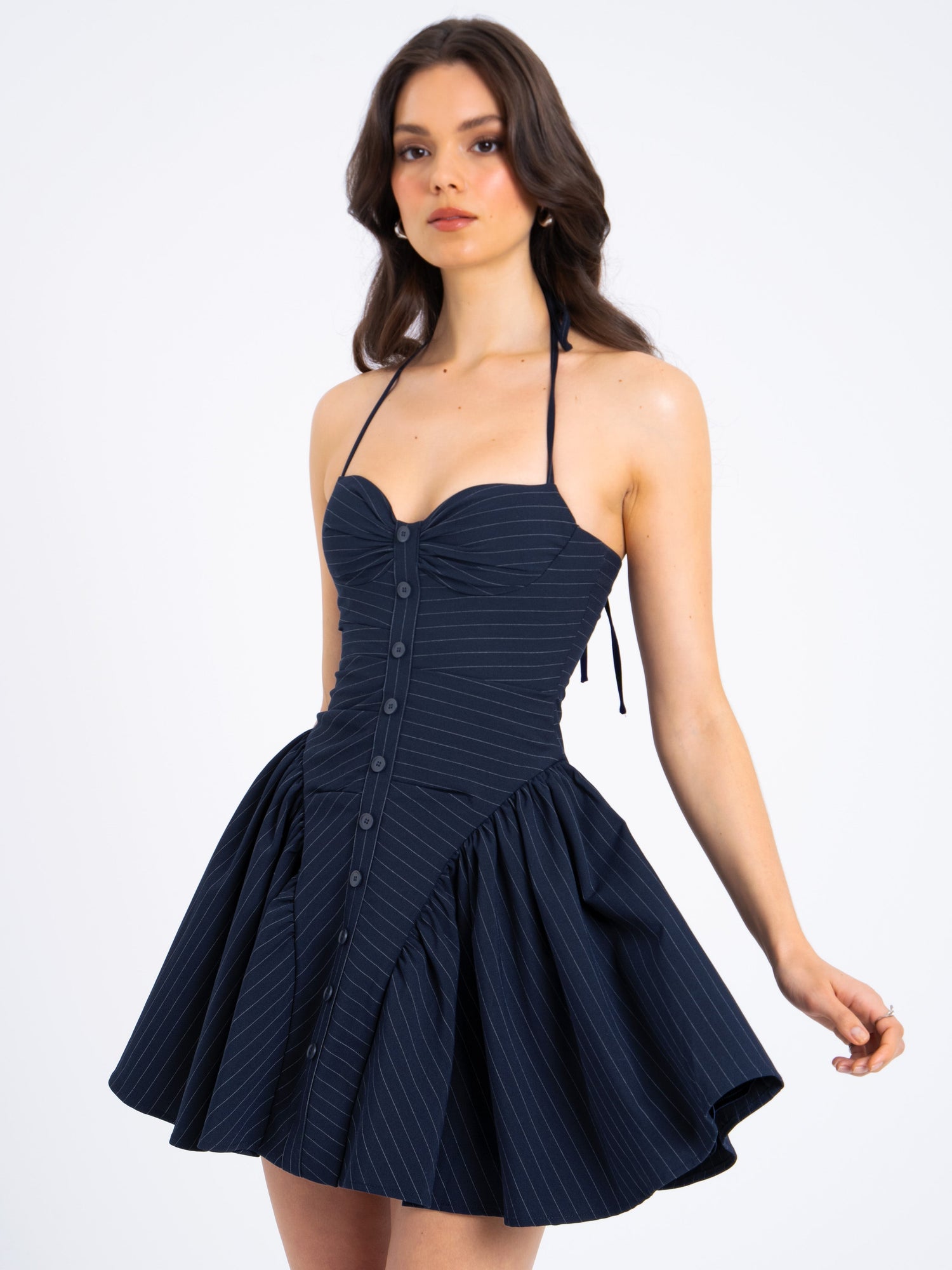 Melody Pinstripe Halter Drop Waist Mini Dress | Navy Blue
