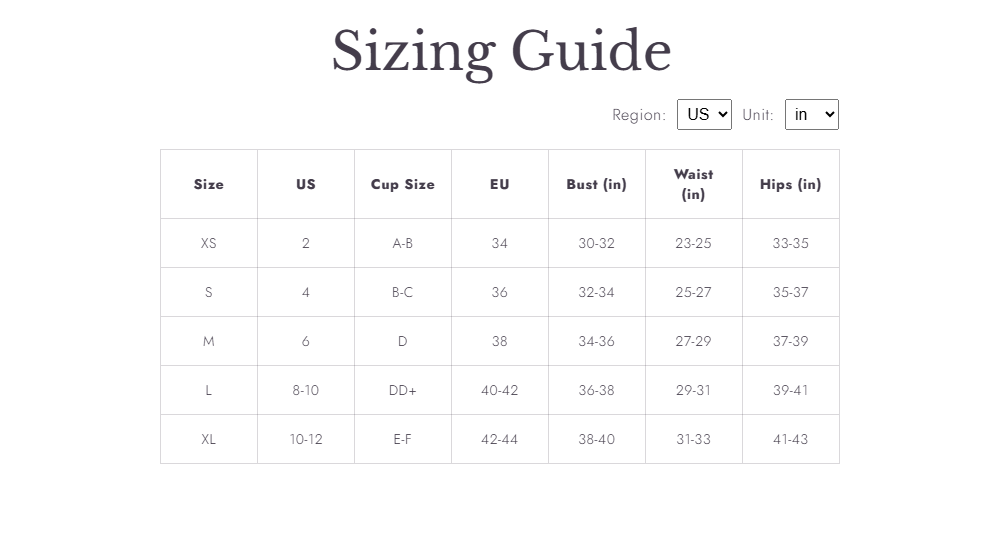 Product size guide