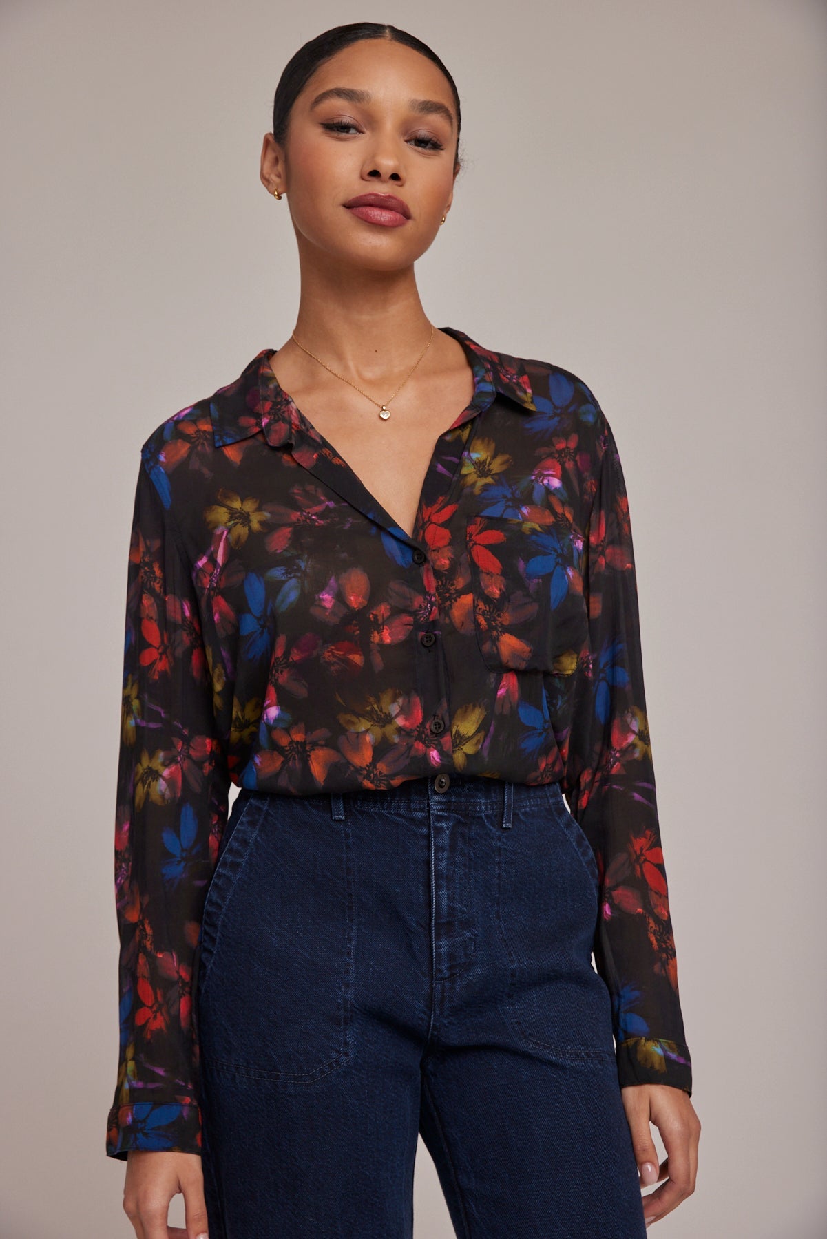 Rounded Button Down Shirt - Evening Garden Print