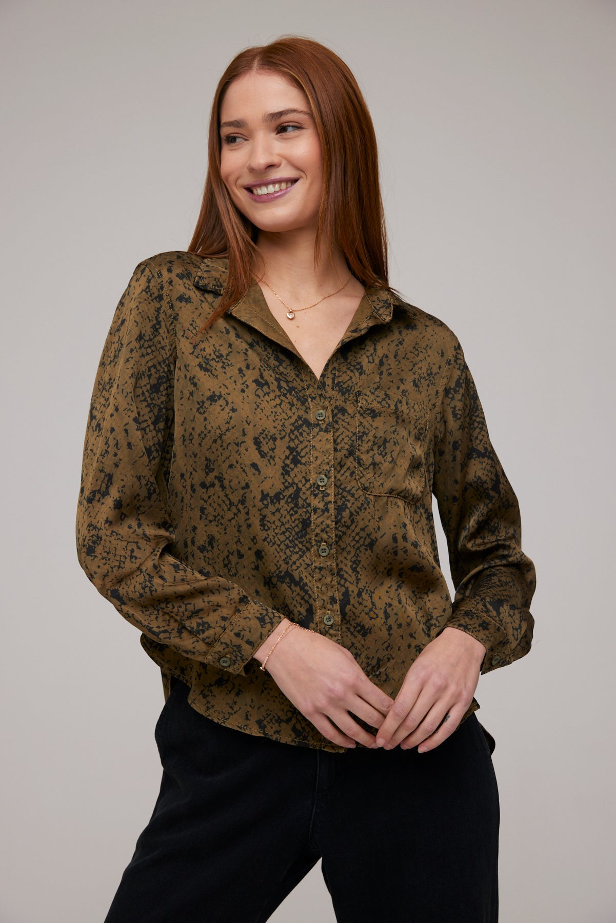 Long Sleeve Rounded Hem Button Down - Olive Snake Print