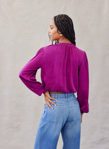 Long Sleeve Smocked Neck Pullover  - Boysenberry Jam