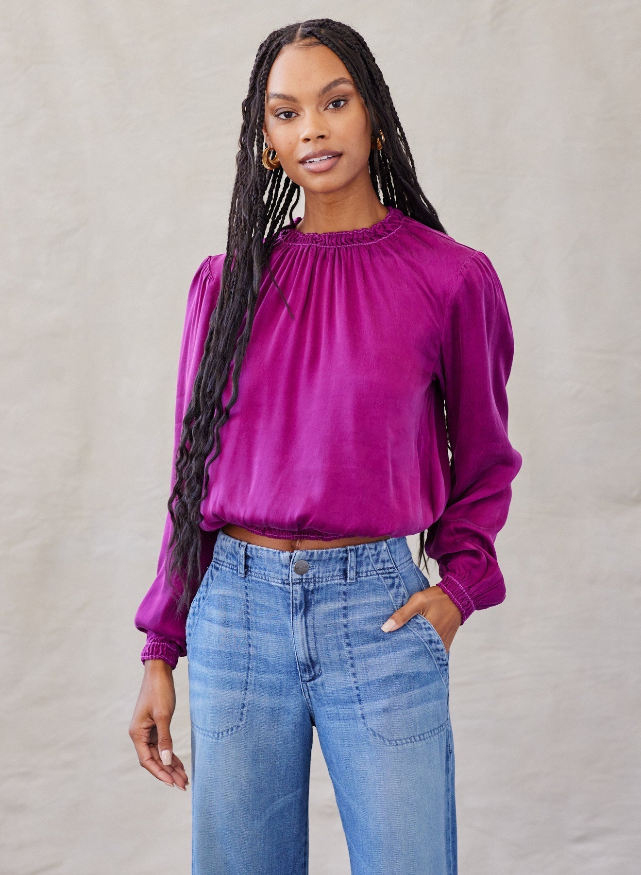 Long Sleeve Smocked Neck Pullover  - Boysenberry Jam