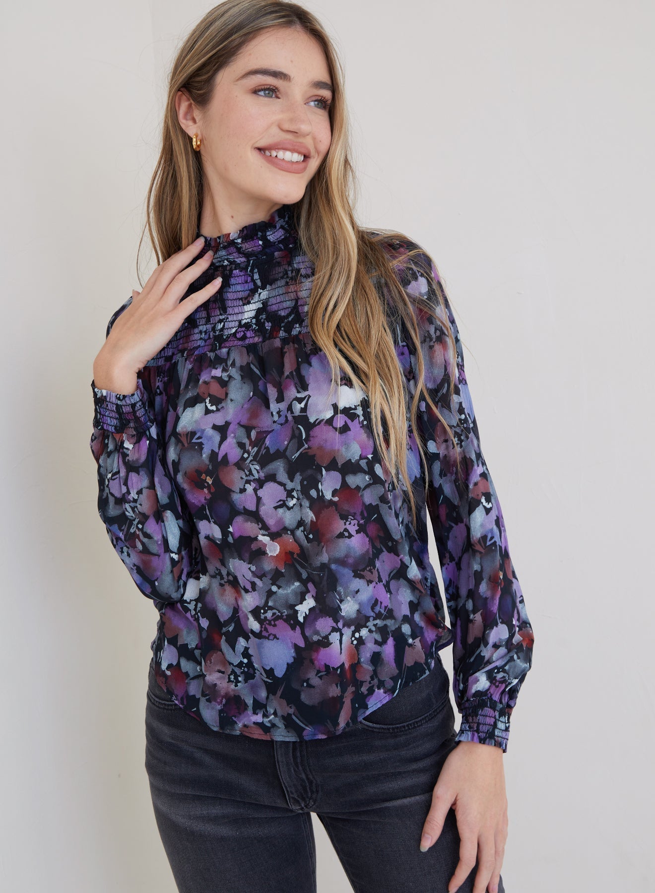 Long Sleeve Smocked Neck Blouse - Evening Floral Print