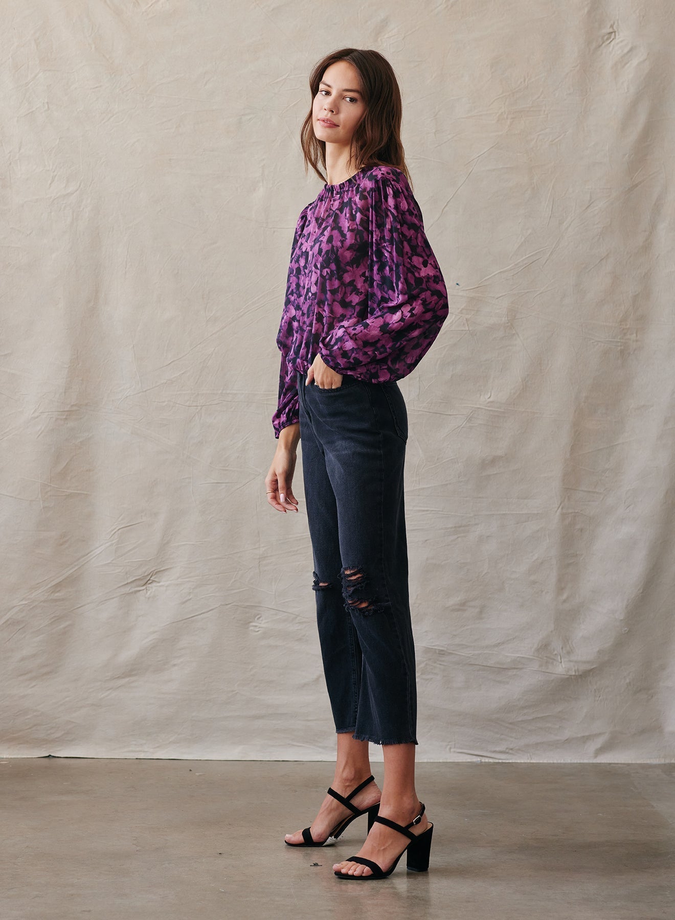 Elastic Shirred Top - Berry Floral Print