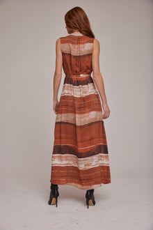 Sleeveless Pleat Front Maxi Dress - Rust Stripes Print