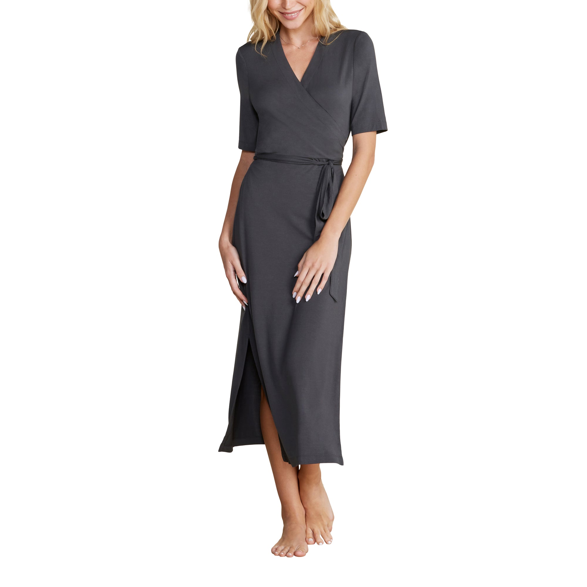 Luxe Milk Jersey 3/4 Sleeve Wrap Dress | Carbon