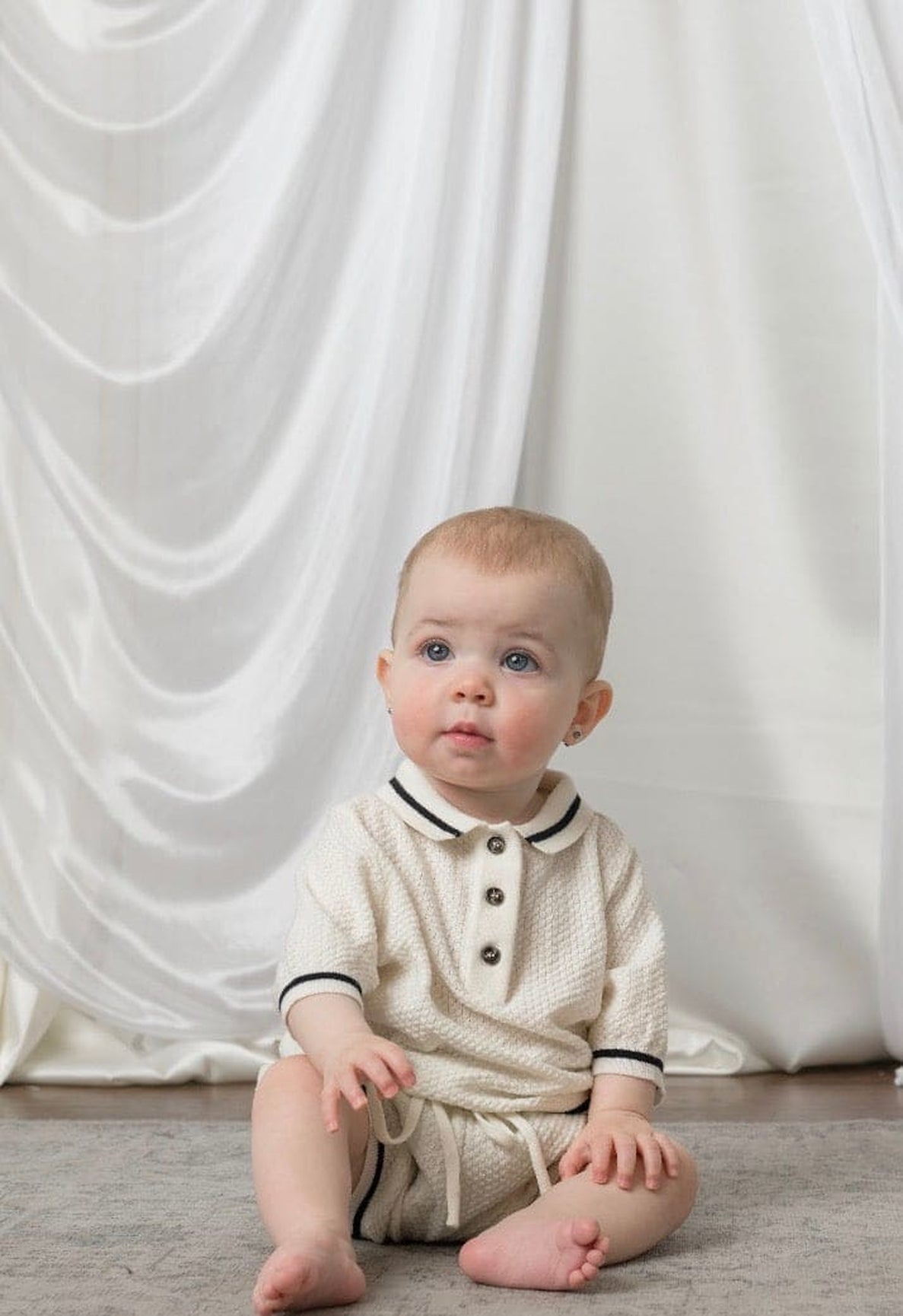 Baby | Brody Ivory with Black Trim Cotton Polo Top and Shorts Set