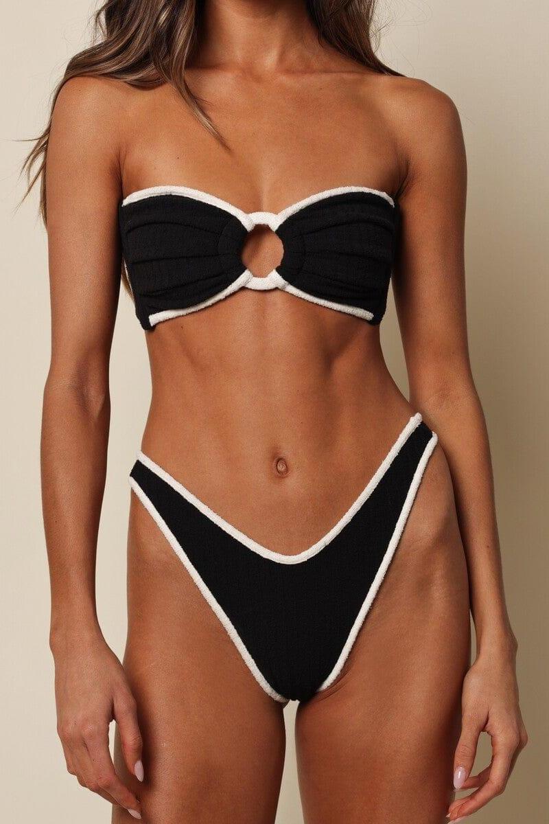 Thong Bikini Bottom | Black Cream Binded Terry Rib