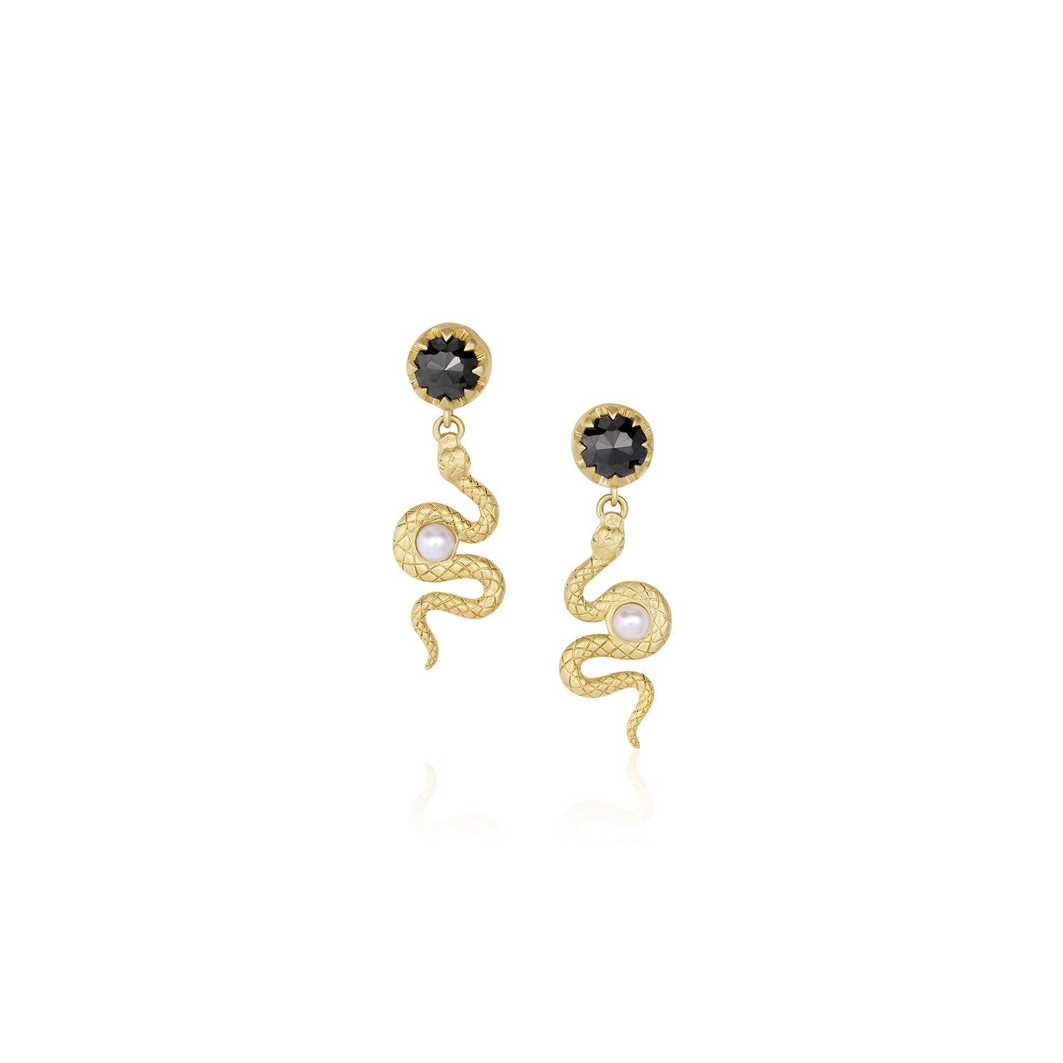 Women | Black Diamond Serpent Swing Earrings | 14k Yellow Gold