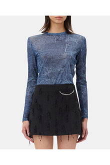 Blue Printed Mesh Blouse | Denim