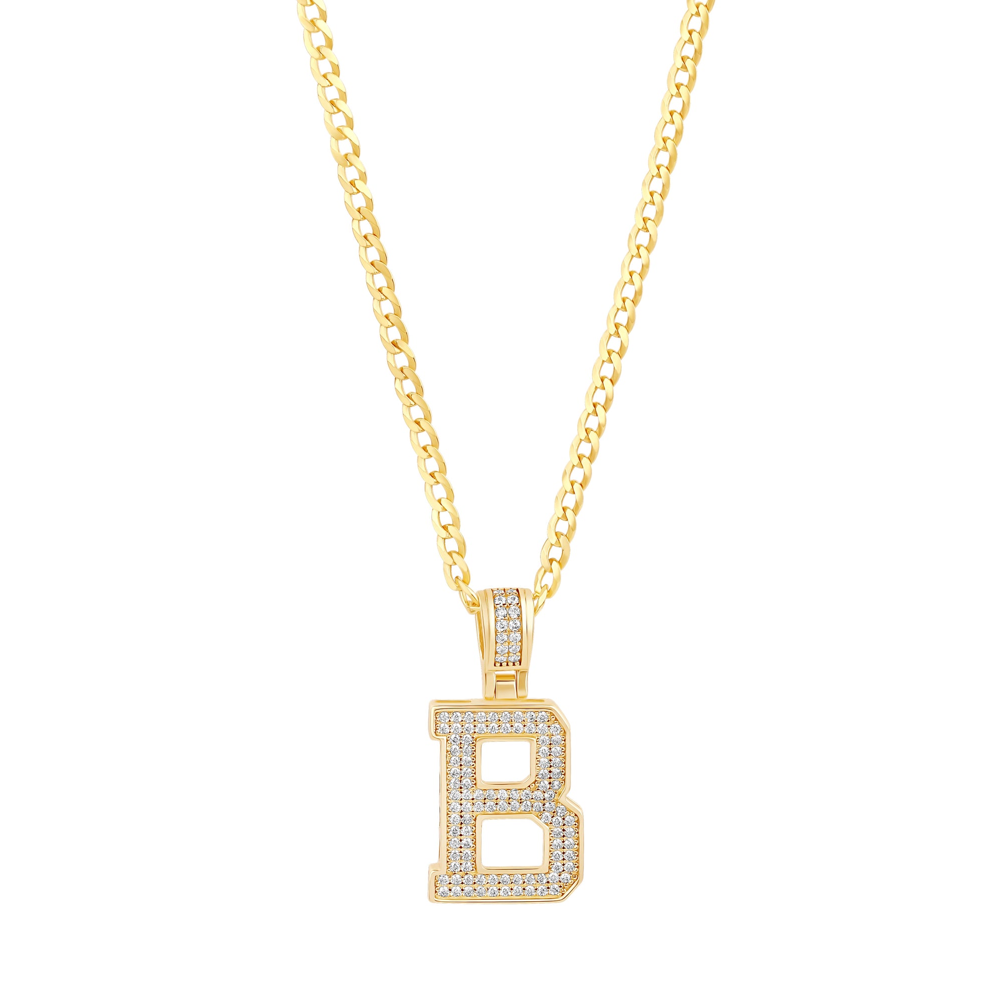 The Iced Out Varsity Letter Pendant Necklace | 18KT Gold Vermeil & Sterling Silver