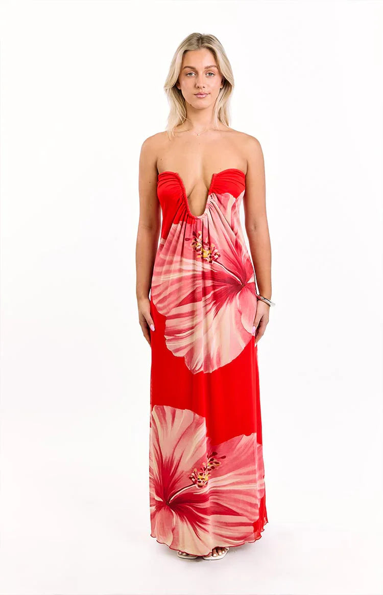 Braelyn Hibiscus Print Strapless Maxi Dress | Orange