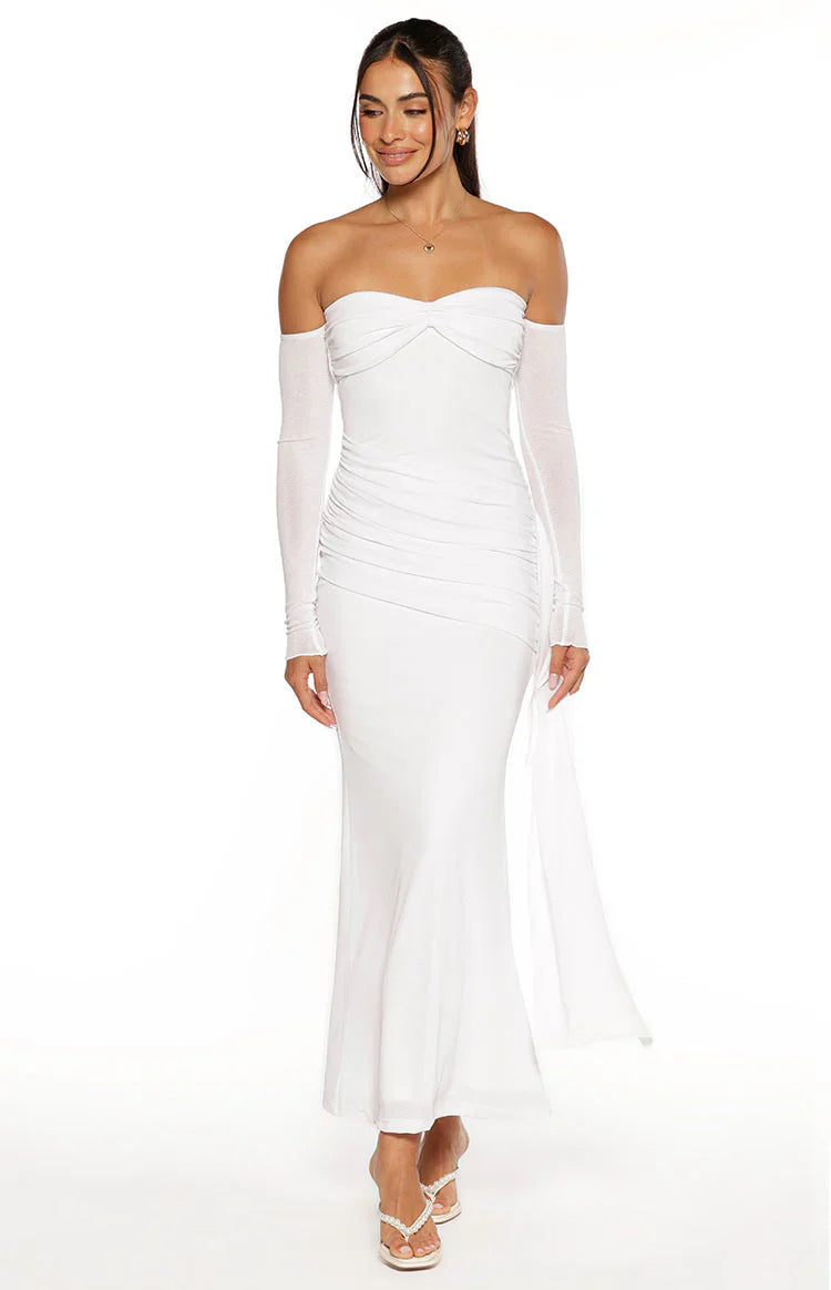 Breanna Long Sleeve Ruched Maxi Dress | White