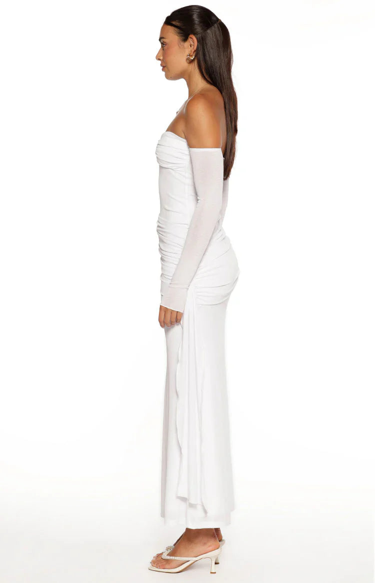 Breanna Long Sleeve Ruched Maxi Dress | White