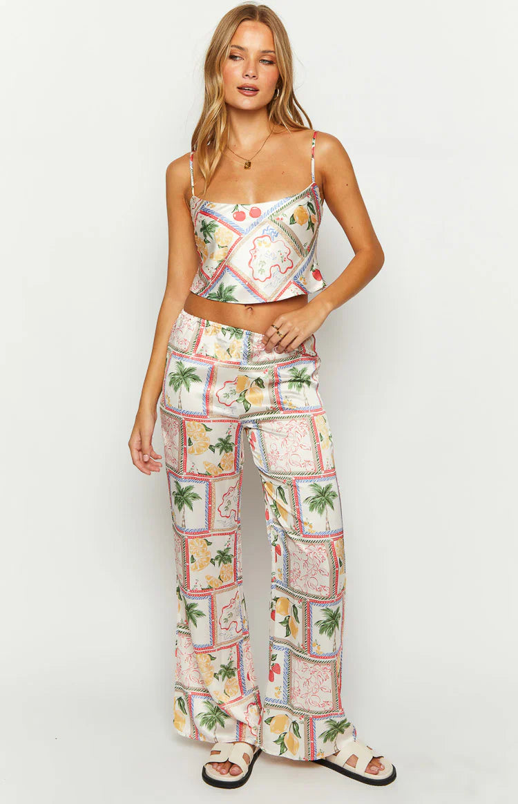 Bridget Satin Roma Print Pants | White