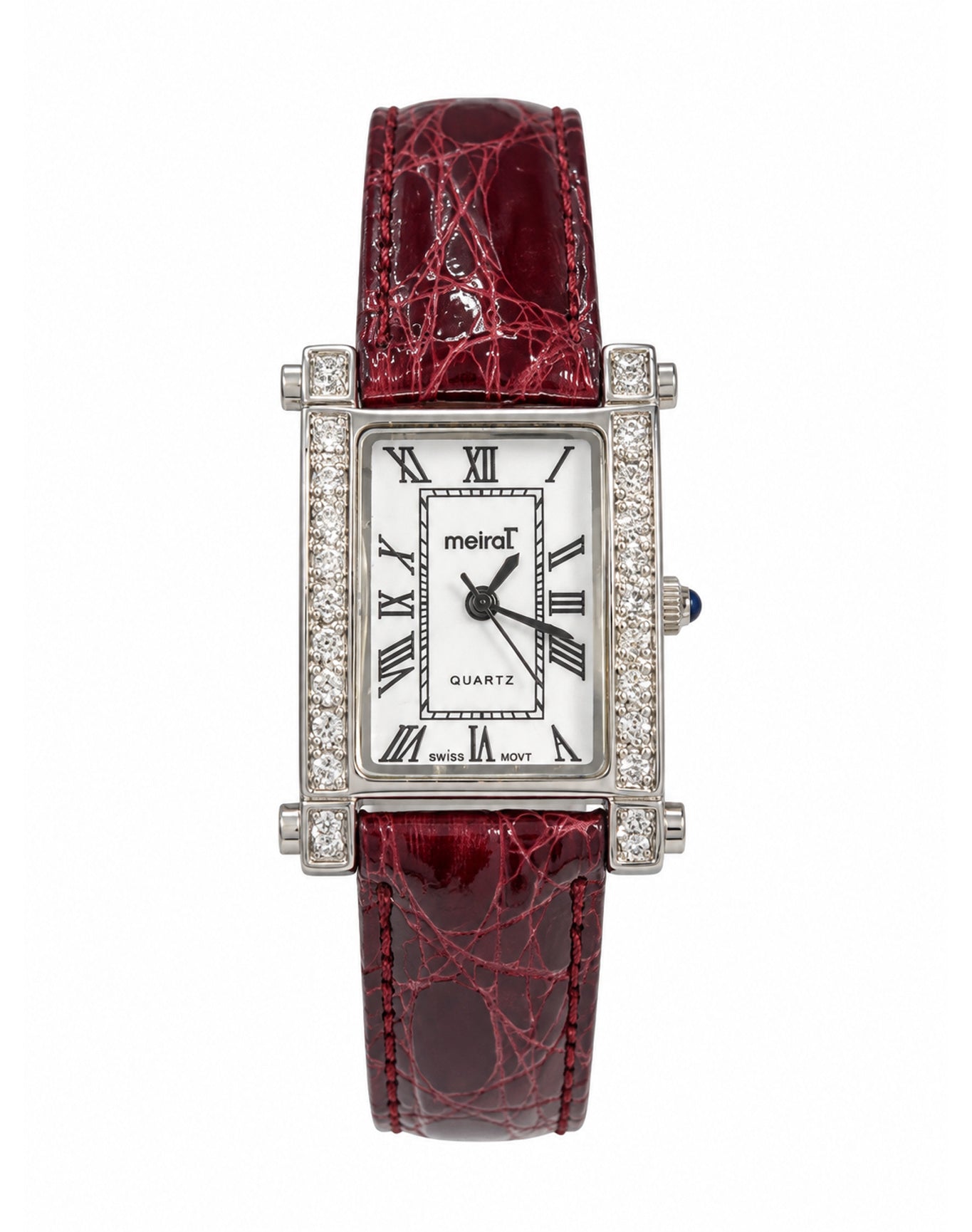 Burgundy Diamond Rectangular Watch | White