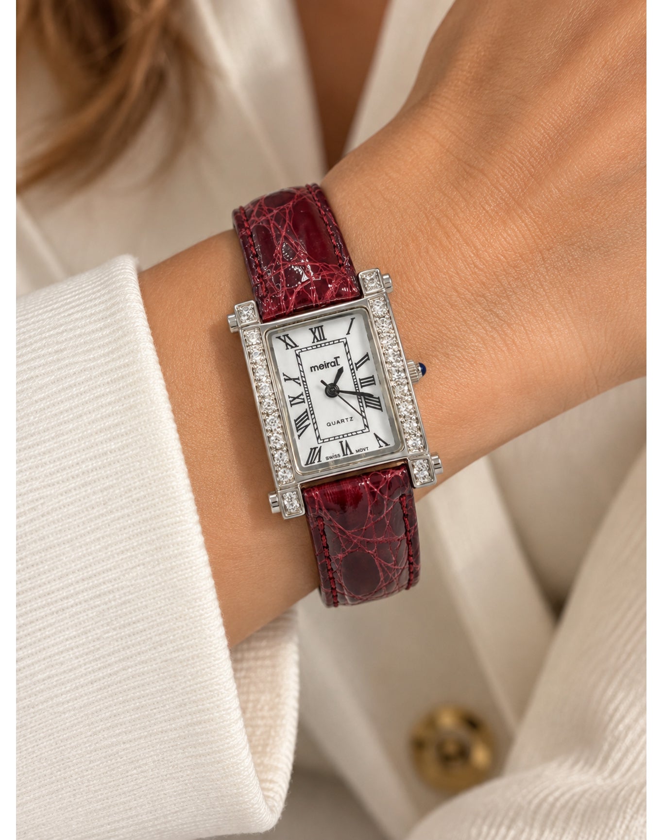Burgundy Diamond Rectangular Watch | White