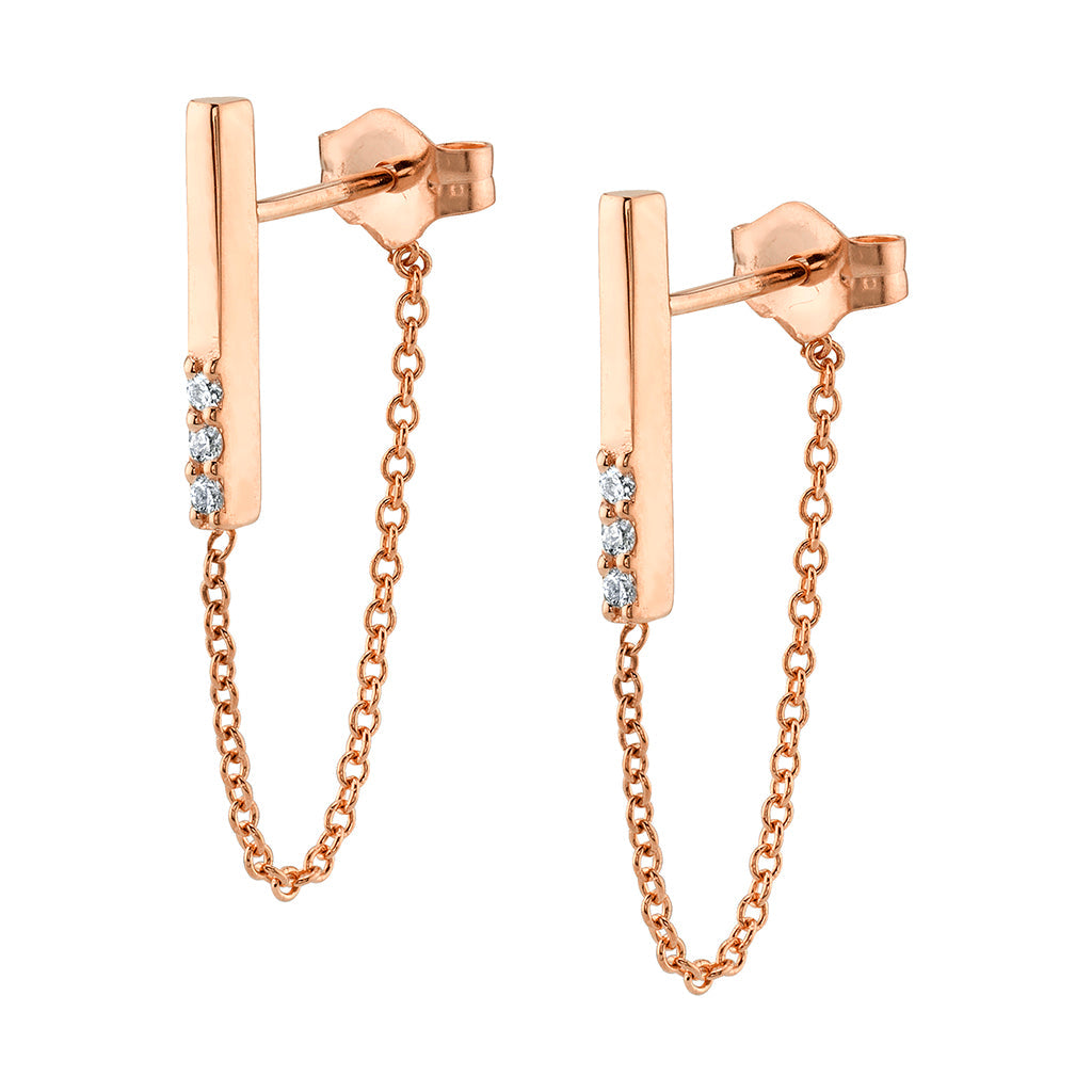 Women | White Diamond Dainty Chain Drop Earrings | 14k Rose Gold