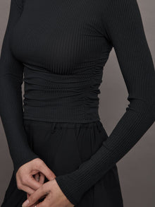 Long Sleeve Ruched Top in Ribbed Jersey | Black