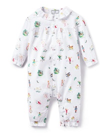Baby's Twill Madeline Romper in 12 Days of Christmas: a white long-sleeve romper featuring colorful festive prints, a button-down front, and ruffled collar and cuffs.