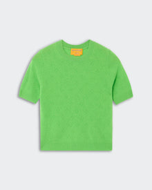 Compass Sweater Tee - Match Point, a short-sleeve knit sweater in vibrant green with a subtle textured floral pattern, featuring a crew neckline and ribbed cuffs and hem, shown flat.