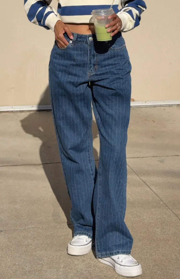 Calliope Pinstripe Mid Rise Slouchy Jeans | Mid Wash