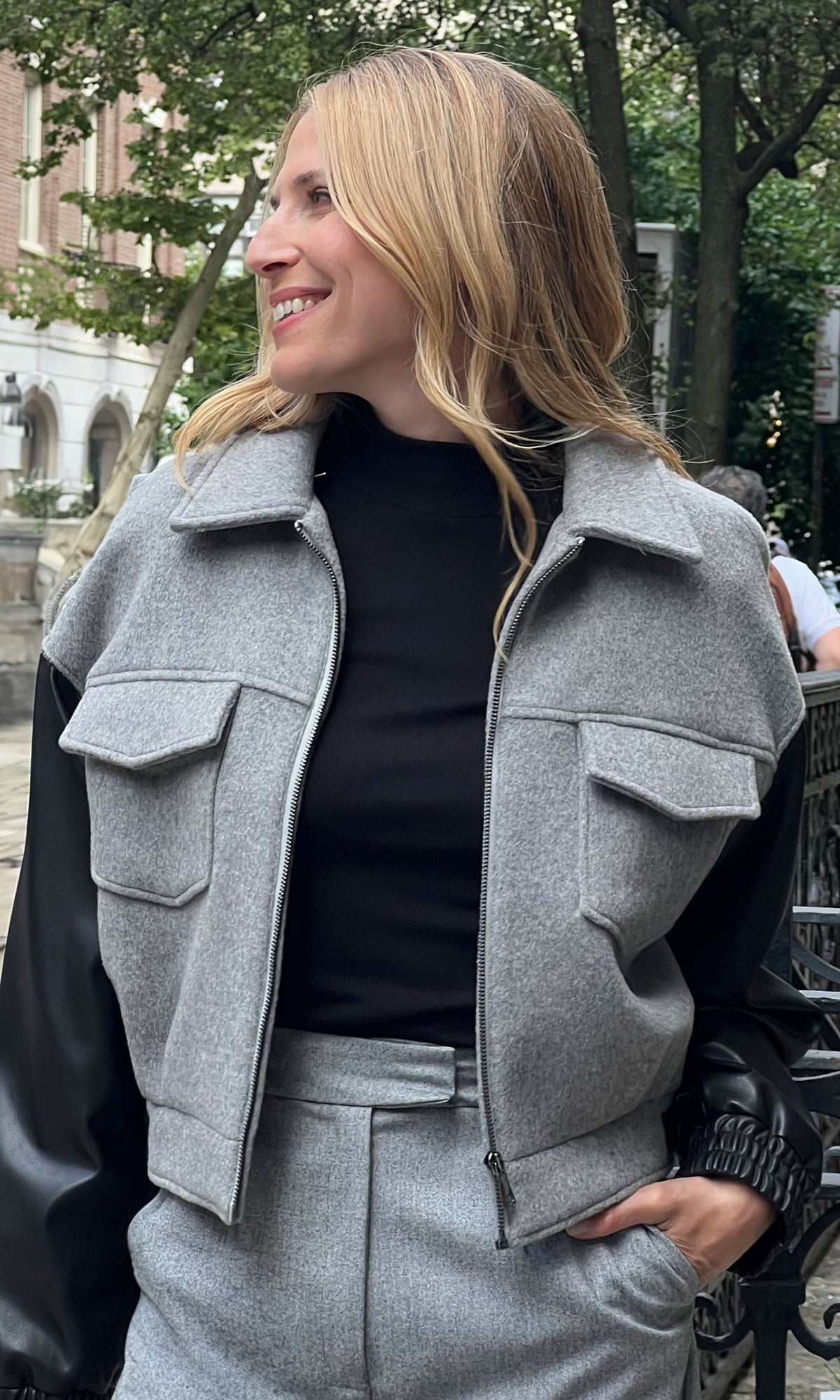 Caspian Wool Vegan Leather Combo Bomber | Grey Melange/Black