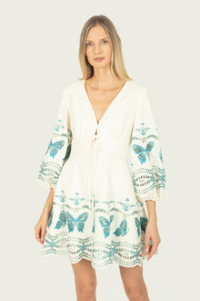 Priscilla Dress | Creme x Multi-Blue Embroidery