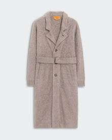 Taupe Grizzly Wash Coat with notched collar, three-button placket, adjustable belt, and side patch pockets, unisex fit knitwear.