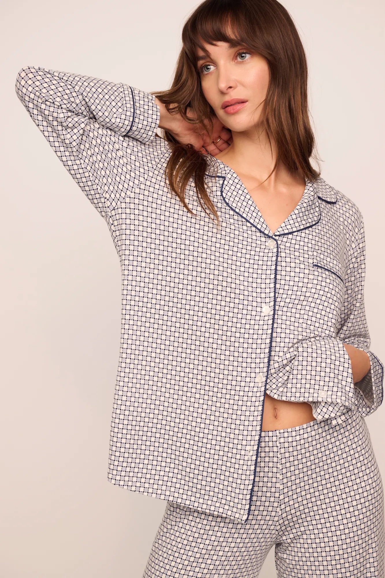 Model is wearing Gisele Printed TENCEL Modal Long PJ Set in Geo Sphere Gray Dawn