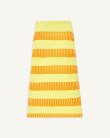 A striped midi skirt in shades of yellow, cream, and papaya.
