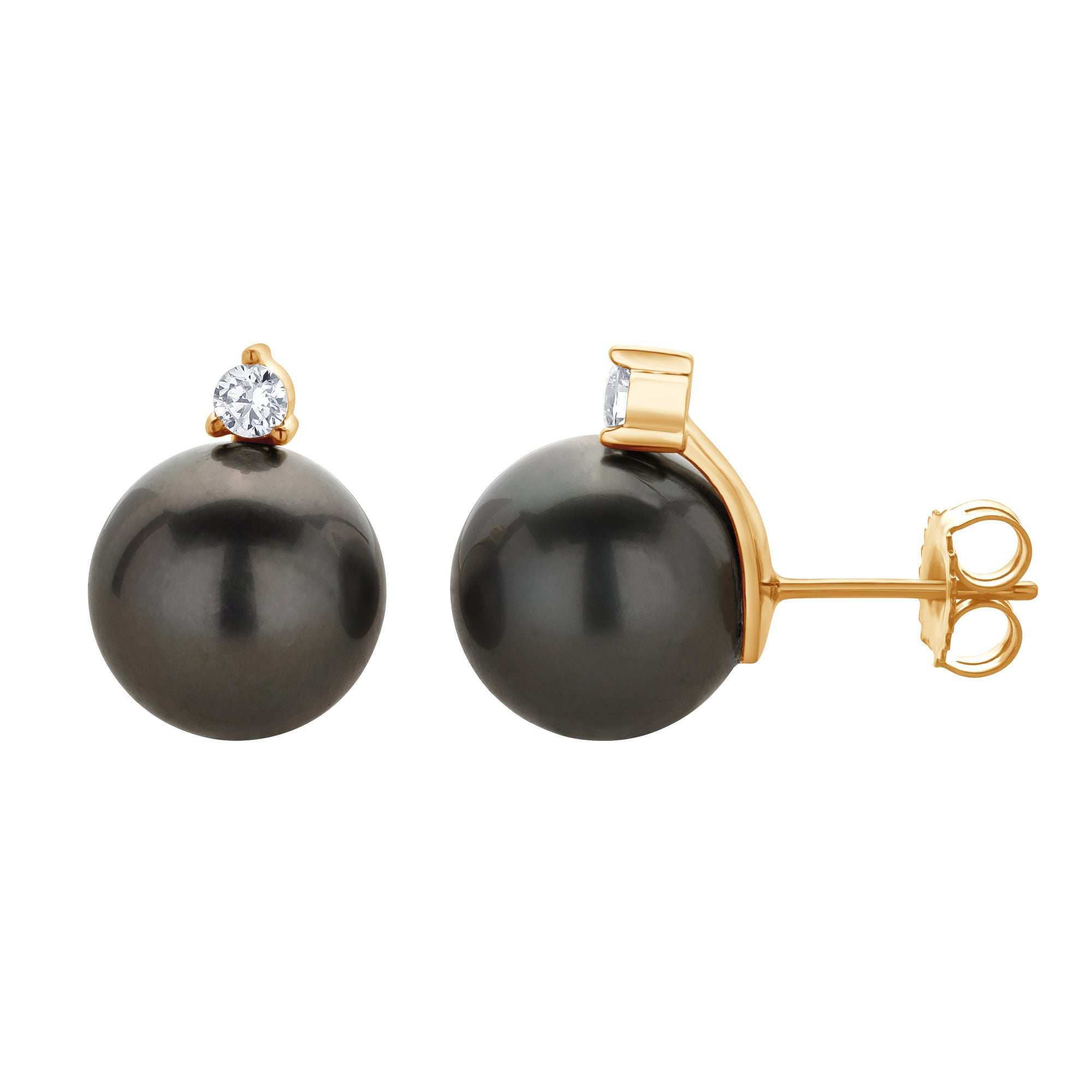 Round Stud Earrings | 14K Yellow Gold | 1/10 Carat Lab Grown Diamond/Black Tahitian Pearl | 9mm - 10mm | G-SI