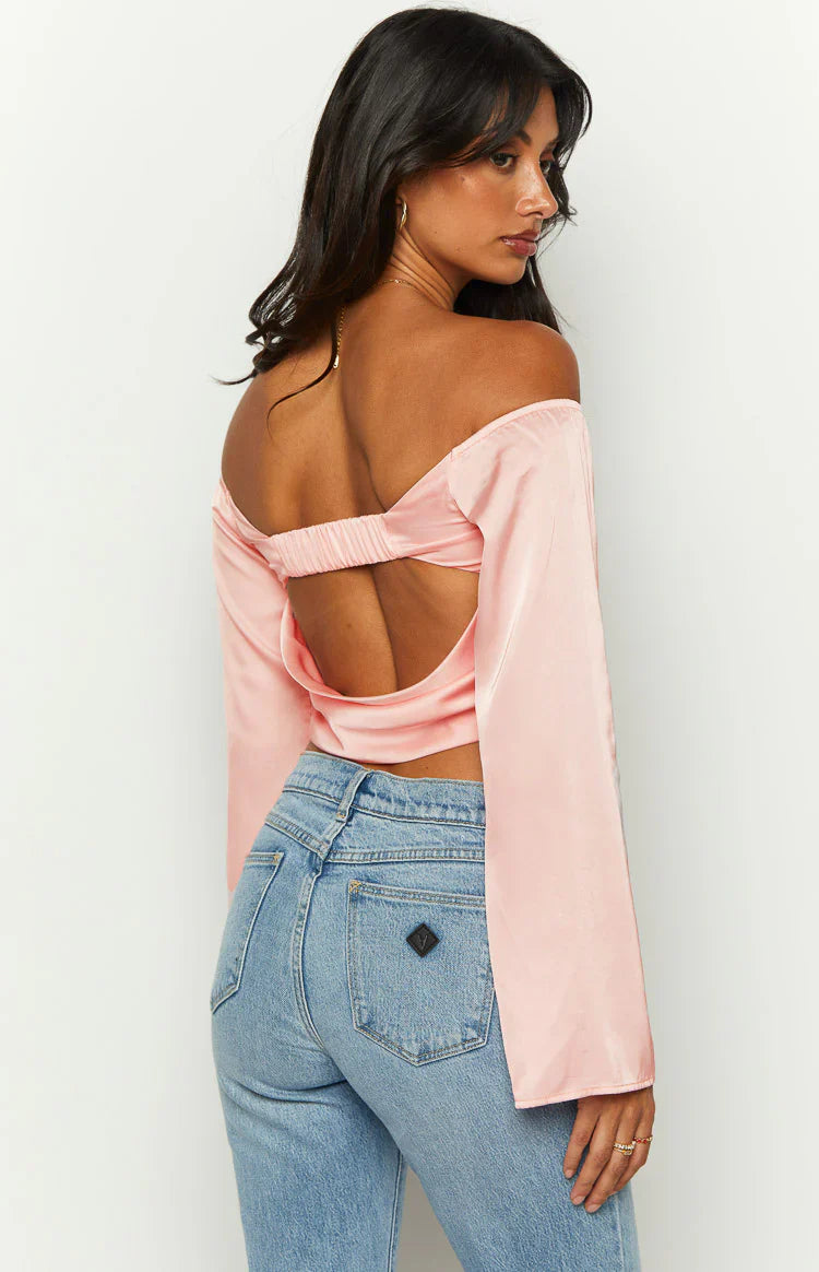 Darcie Satin Long Sleeve Top | Pink