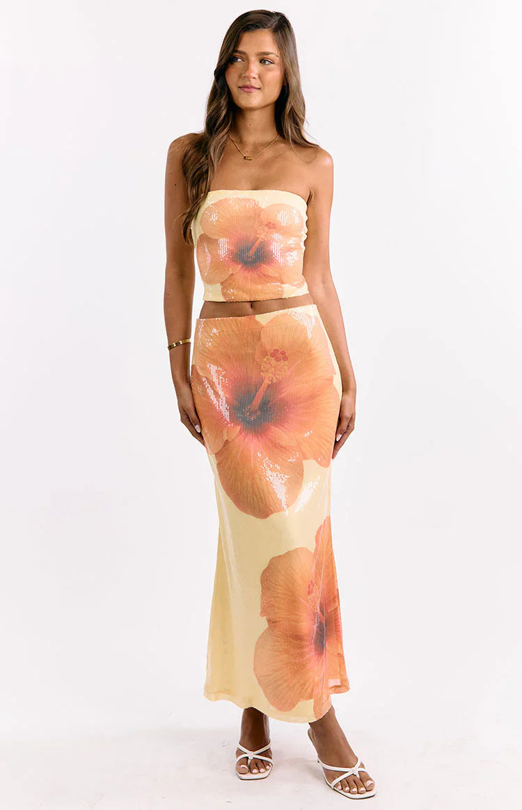 Denzel Floral Sequin Maxi Skirt | Yellow
