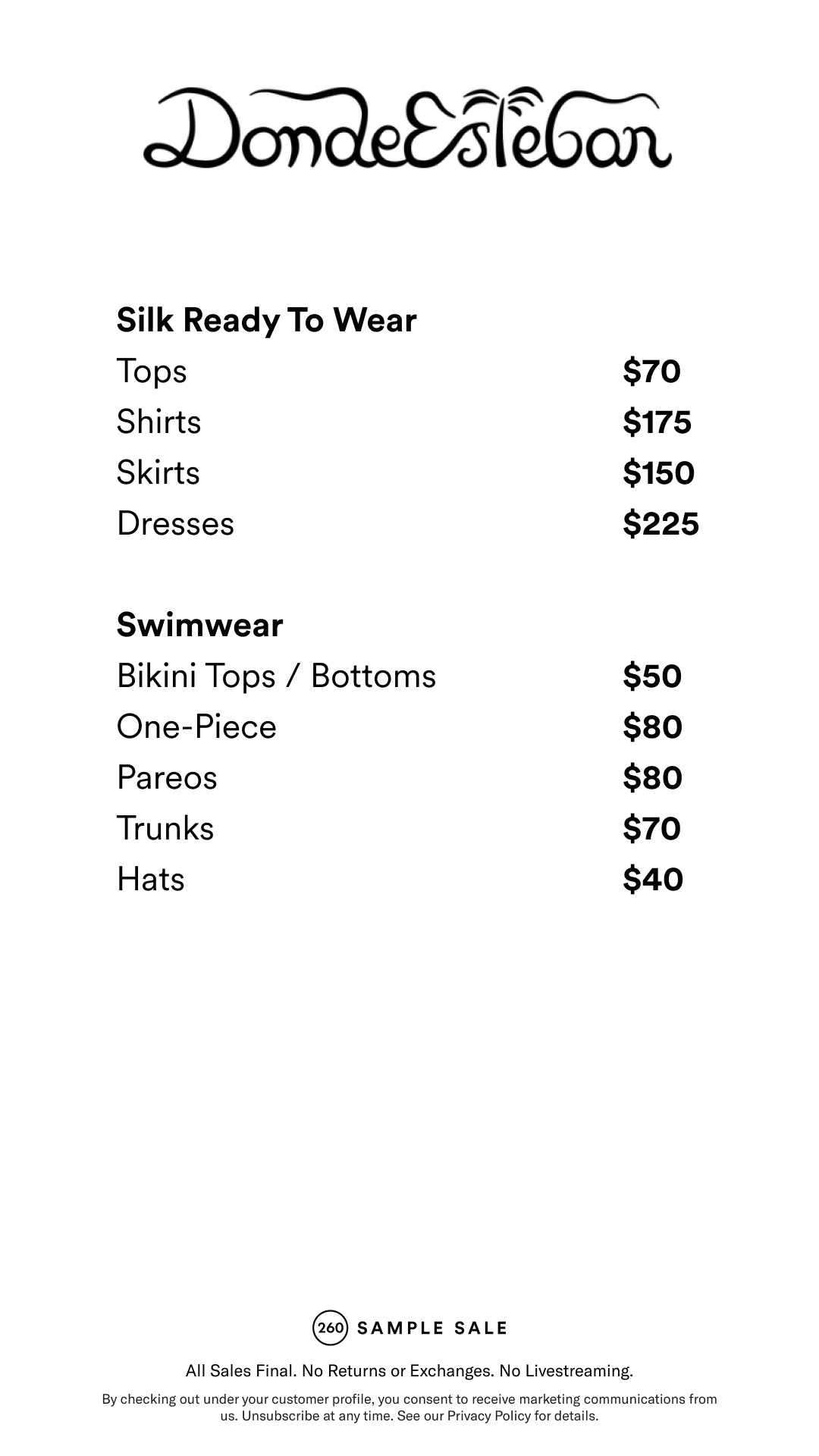 Price table