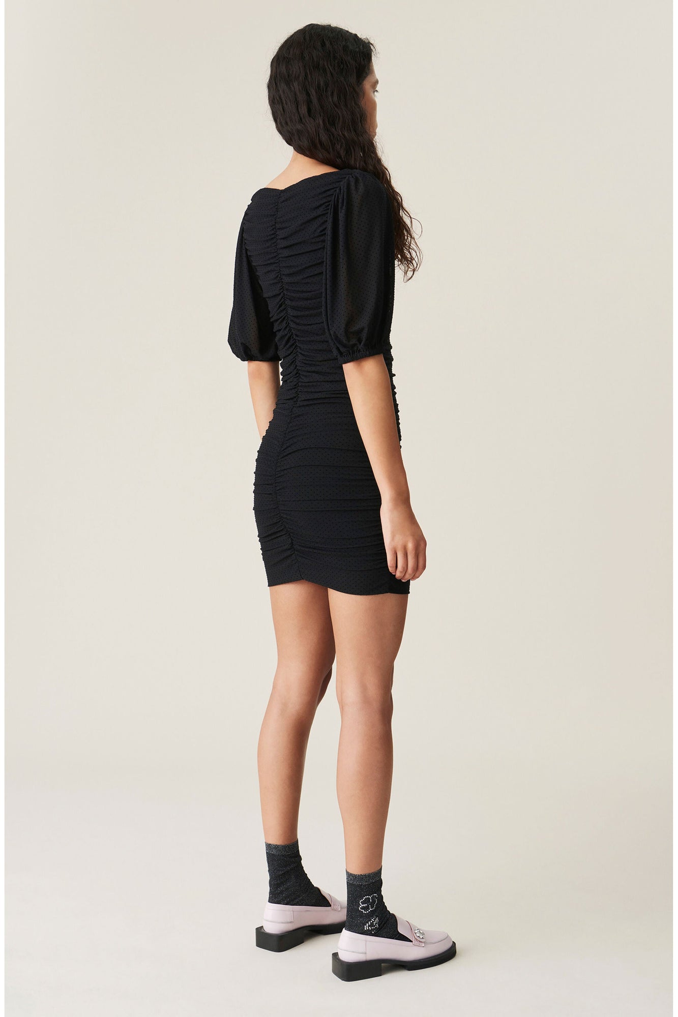 Dotted Mesh Ruched Mini Dress | Black