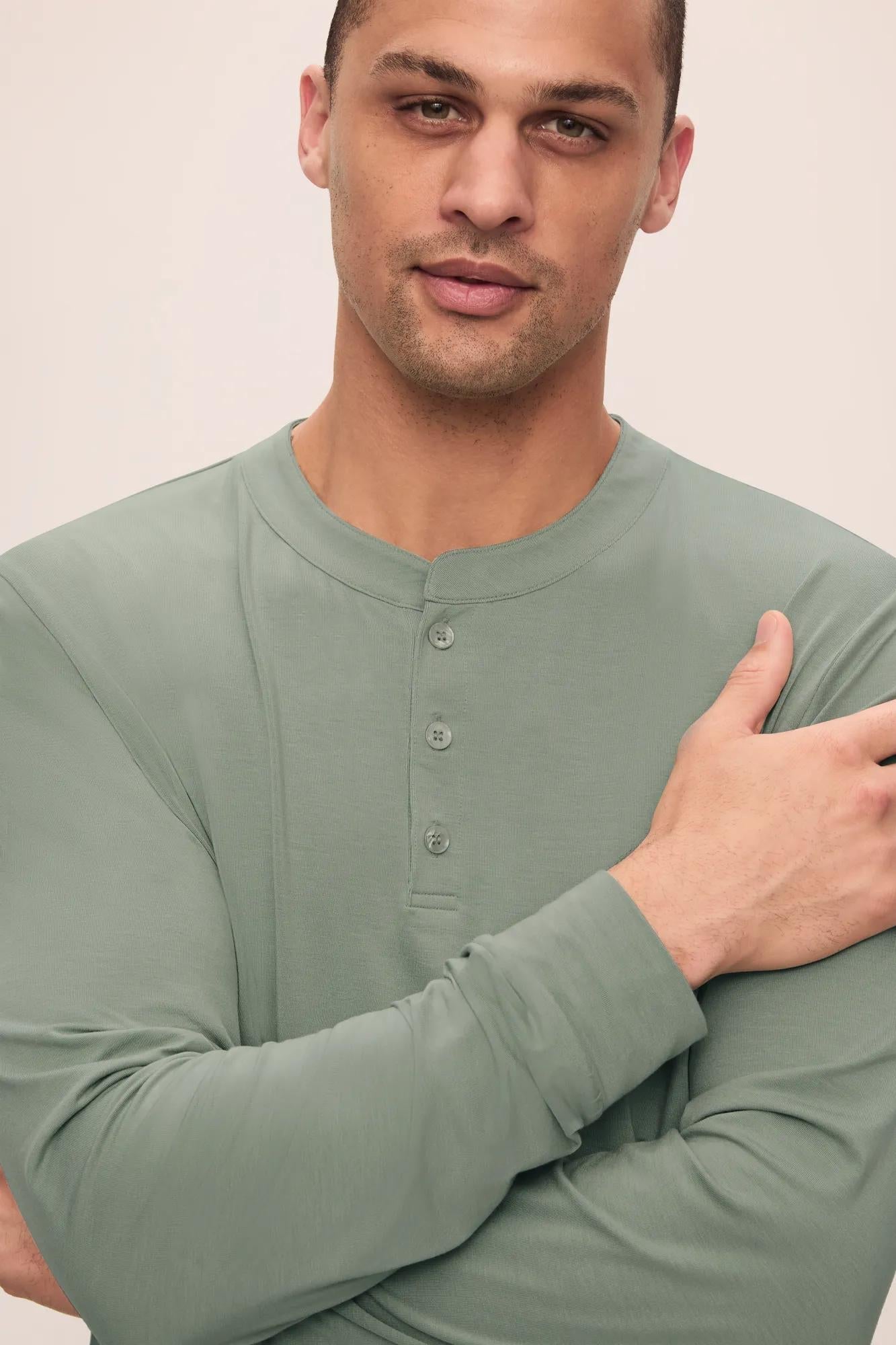 Model is wearing Henry TENCEL Modal Long PJ Set in Eucalyptus
