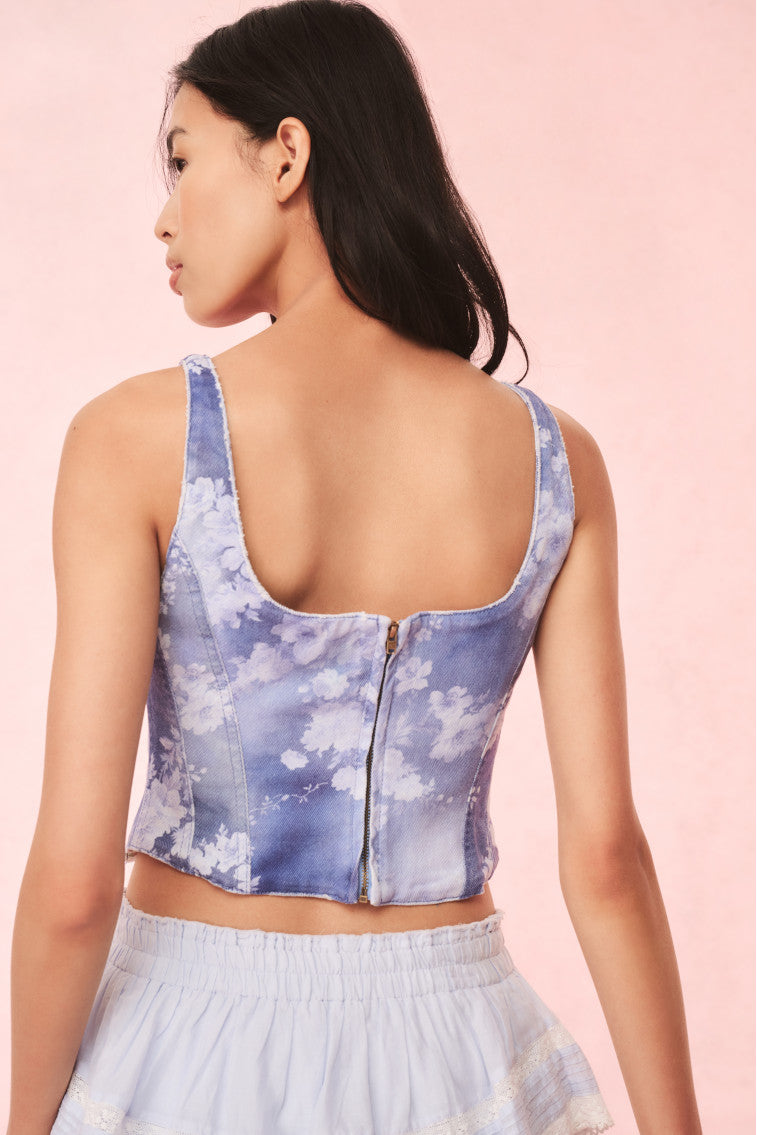 Emika Floral Denim Bustier Top | Bluebell Cloud