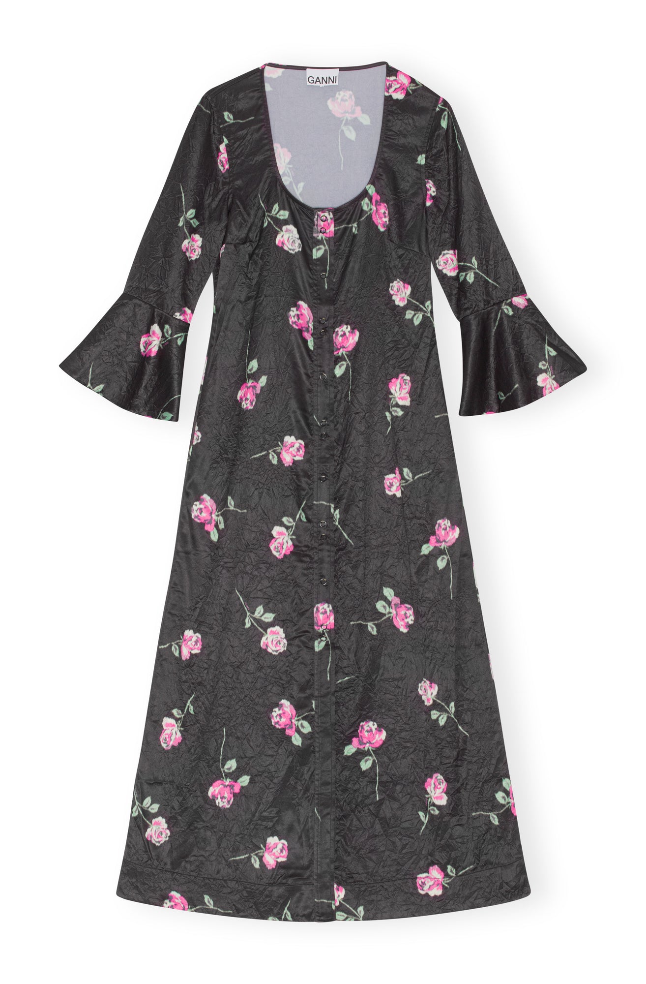 Crinkled Satin U-neck Long Dress | Black