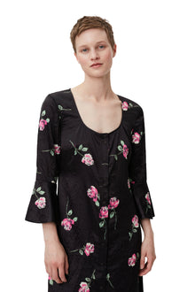 Crinkled Satin U-neck Long Dress | Black