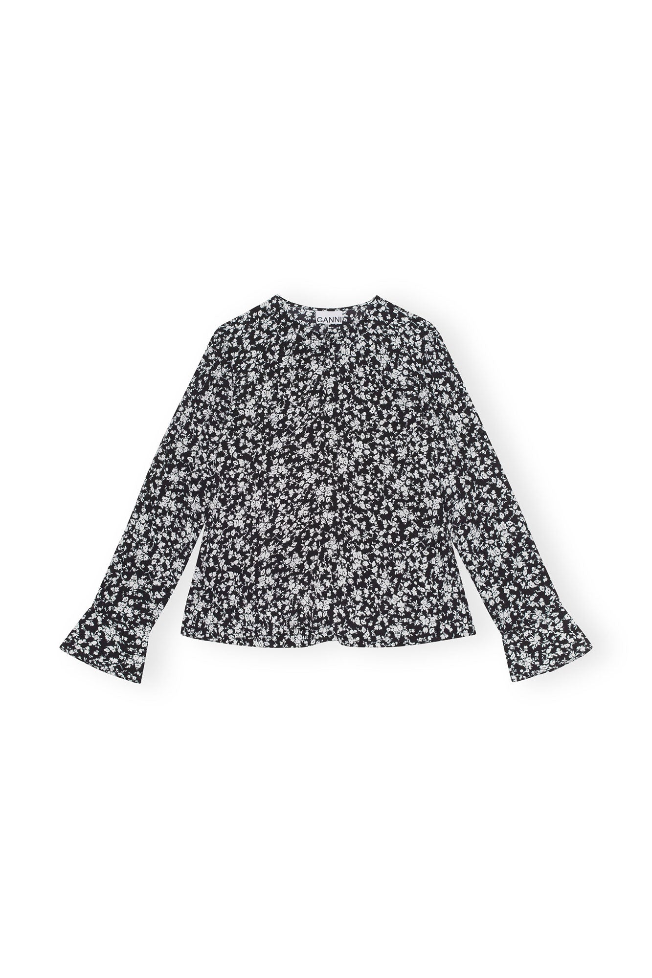 Printed Crepe O-neck Blouse | Black